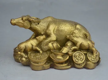 

5" Chinese Feng Shui Brass Wealth YuanBao Coin Zodiac Bull Calf lying Ox Statue