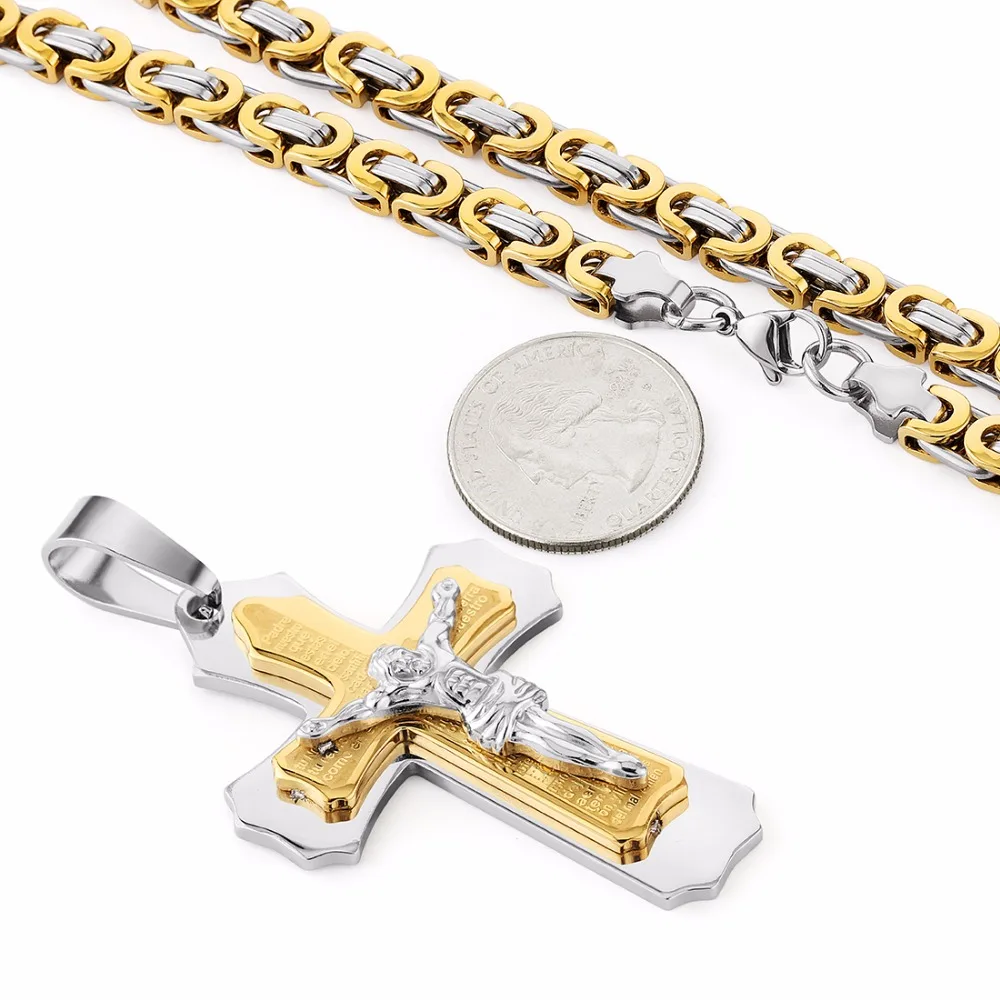 Многослойный Крест Христос Иисус кулон ожерелье из нержавеющей стали звено византийской цепи тяжелых мужчин ювелирные изделия подарок 21,6" 6 мм MN78