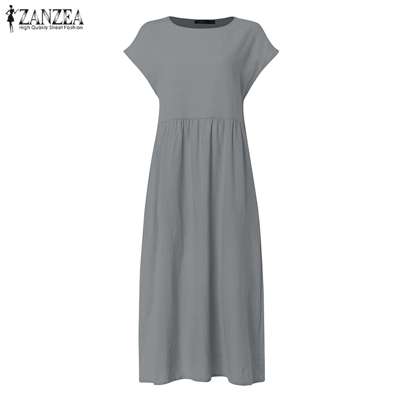 ZANZEA льняное платье миди женский летний сарафан Модная рубашка с коротким рукавом Vestido элегантные женские плиссированные вечерние платья с круглым вырезом - Цвет: Grey