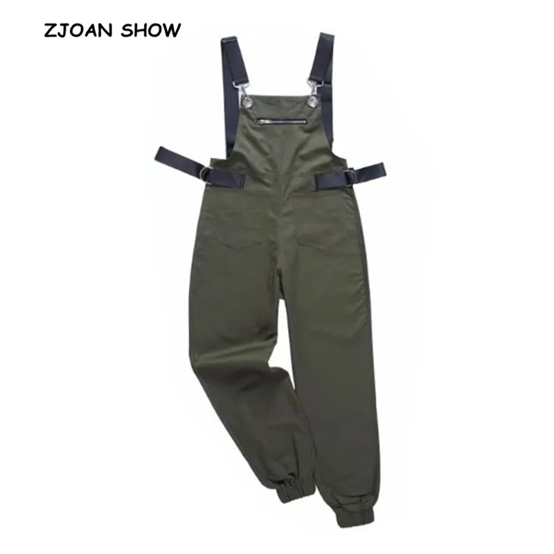 

High Street Solid Color High Waist Cuff Harem Jumpsuits Woman Zipper Pockets Chain Decoration Backless Overalls Rompers 3 Colors