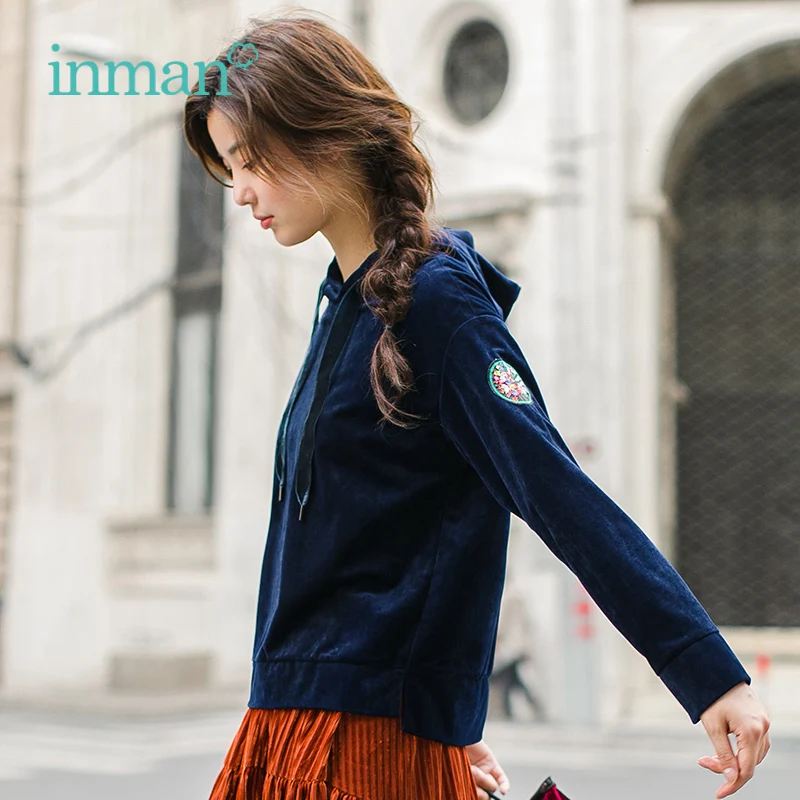 

INMAN Autumn embroidery long sleeve short Sweatshirt woman Hoodies