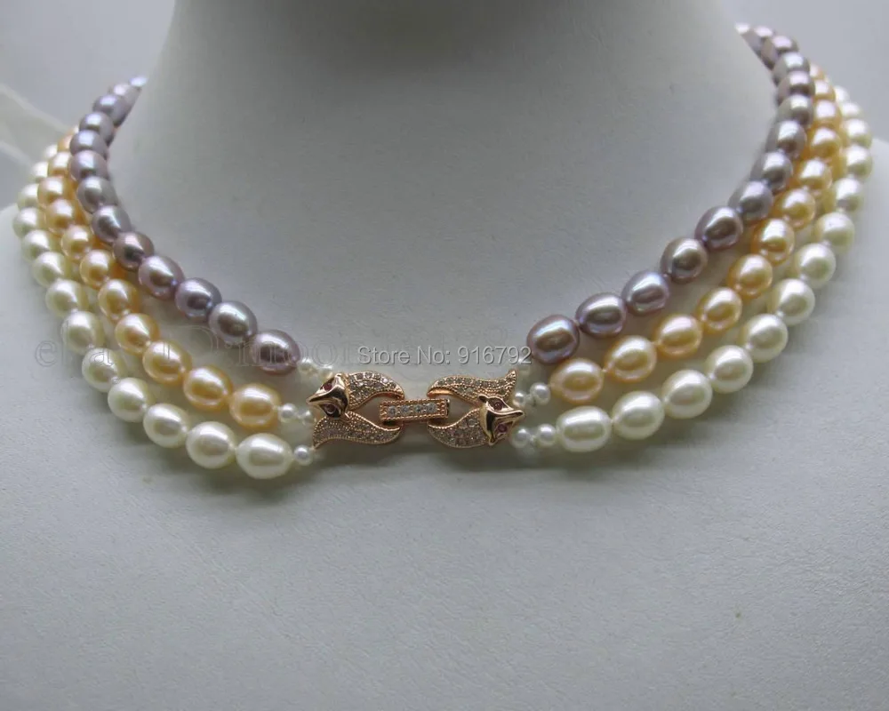 

Wholesale >>>>3 Strand AAA 6.5*7.5mm Lavender Pink White Akoya Rice Pearl Necklace 16"/17"/18