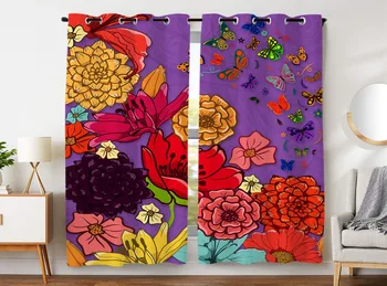 

HommomH Curtains (2 Panel) Grommet Top Darkening Blackout Room Beautiful Flower Butterfly
