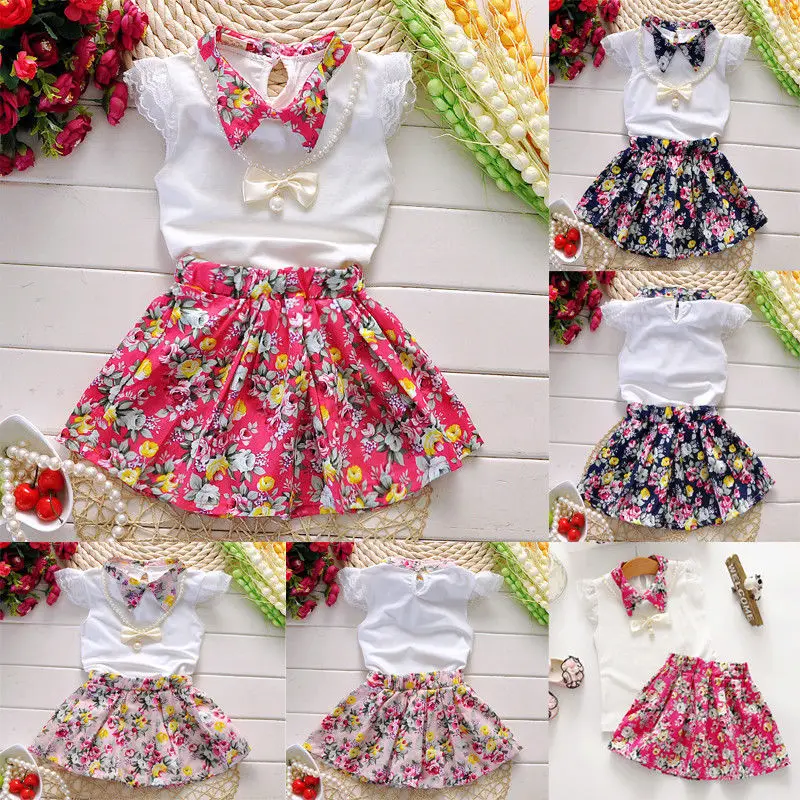 

2-7Y Sweet Princess Summer 3PCS Toddler Baby Girls Sets Petal Sleeve Floral Print Turn-Down Collar T-Shirts Tops+Skirts+Necklace