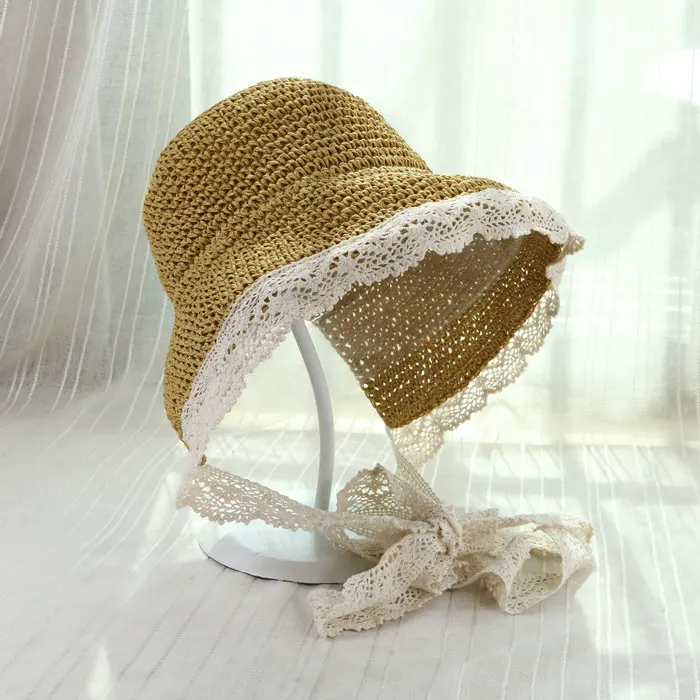 2018 Donne di Estate Pieghevole Crochet Cappello di Paglia Scava Fuori Fasce Cappelli Irregolare Largo Della Spiaggia del Bordo Del Merletto Coda di Cavallo Caps