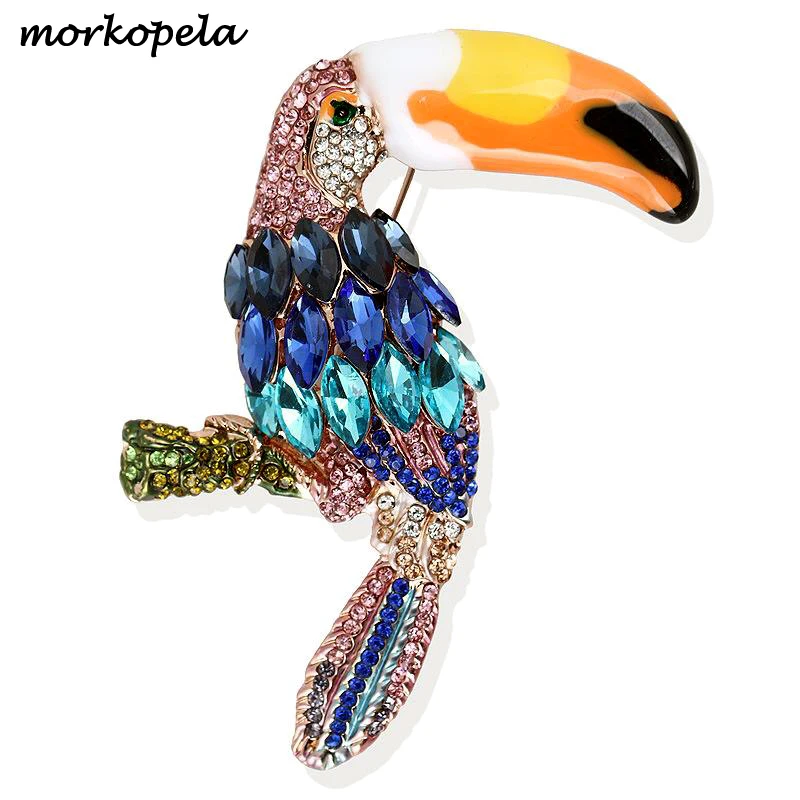 Morkopela Parrot Bird Brooches For Women Vintage Enamel Pin Jewelry Large Bird Rhinestone Brooch Pins Accessories