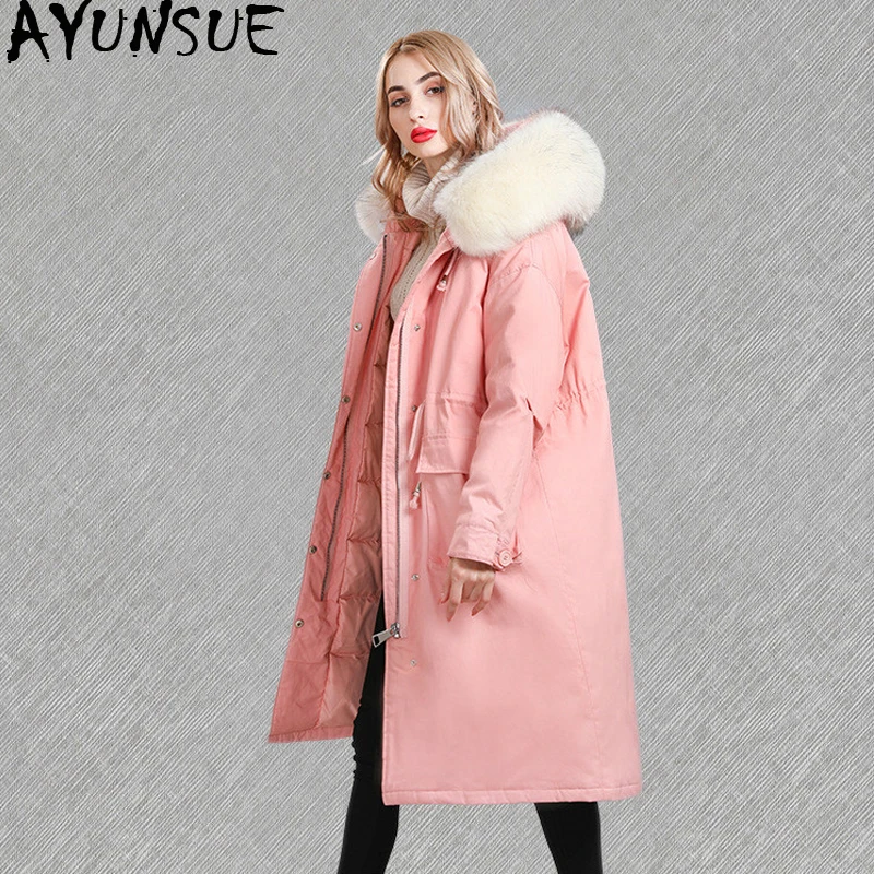 

AYUNSUE Winter Coat Women Large Racoon Fur Collar Down Jacket Woman Hooded Korean Loose Pink Jackets Parka Chaqueta Mujer KJ604