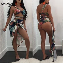 IASKY 3pcs/Set women High Waist Bikini +Beach Wrap Skirt 2018 Sexy Print Green Leaves Top Bandage Bathing Suit Swimwear Swimsuit