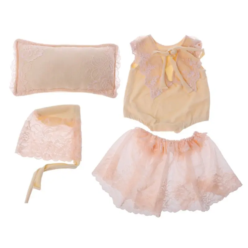 

4Pcs Newborn Baby Photography Props Soft Lace Positioner Pillow Flowers Hat+Dress Outfits Set Infant Studio Photo Shoot Props