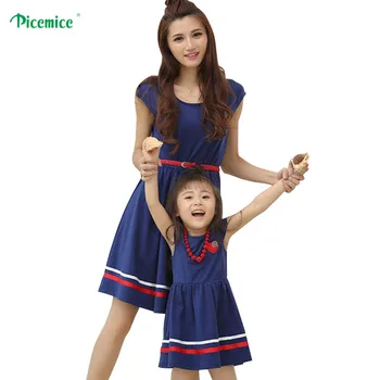 

Family Clothing Mom Daughter Dress 2020 Summer style Girls Women Cotton Dresses Mother Daughter Dresses with Belt and Necklace