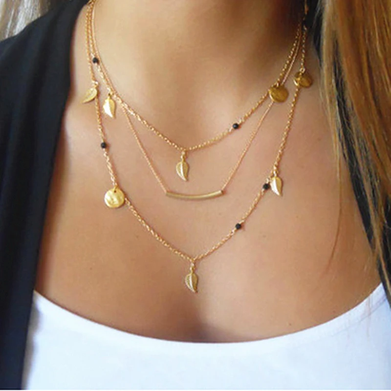 

New gold silver chain beads leaves pendant necklace fashion jewelry multi layer necklaces for women Collier femme accessories