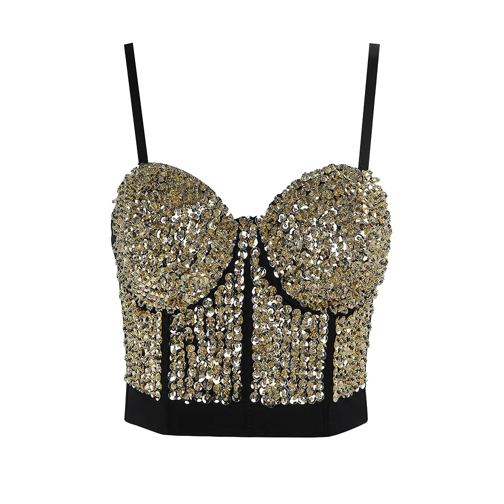 

2019 New Arrival black sequined Fashion women tank tops Elasticity High Quality celebrity party Bodycon bandage Tops