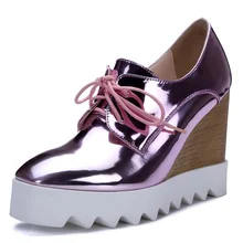 Gold Silver Pink Blue Women Patent Leather Oxfords Wedge High Heels Triffle Platform Elevator Shoes Casual Creepers Thick Sole