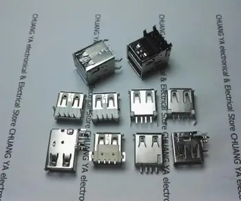 

USB A female socket connectors 90 or 180 degrees / SMD / Side insert / Welding wire type / Double-deck