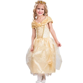 

Girls Beauty & The Beast Golden Belle Fancy Dress Princess Book Day Kids Costume