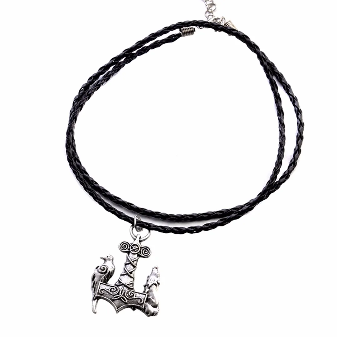 Nordic Viking Wolf & Raven Bird Ancient Jewelry Black Leather Necklace