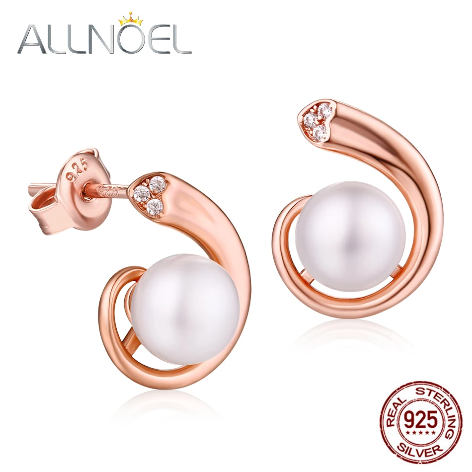 

ALLNOEL 925 Sterling Silver Stud Earrings For Women Real Natural Pearl Rose Gold Party Gift Fine Jewelry Birthday Present New