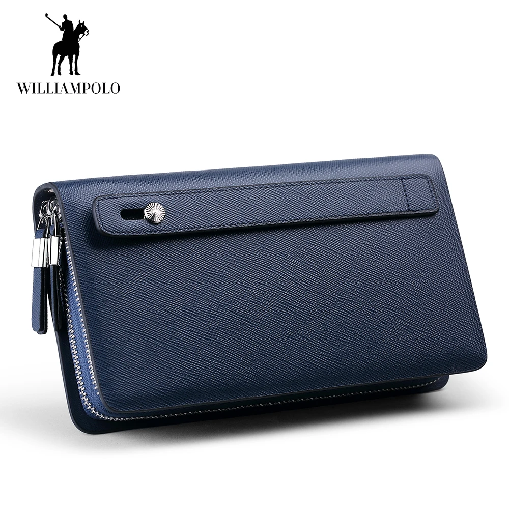 WILLIAMPOLO New Men Wallet Genuine Leather Long Clutch Phone Pocket Card Holder Handbag Double Zipper Detachable Wristlet Black