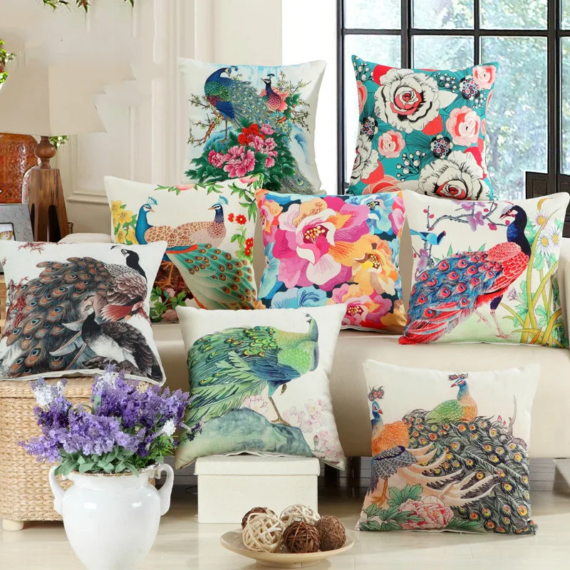 1pcs Beautiful Colorful Flower Pillow Cover Peacock Polyester Cushion for Sofa Seating Living Room Home Decor Case | Дом и сад
