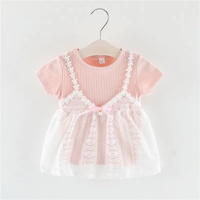 

Fake 2 pieces infant baby girls spring summer dress clothing children cute patchwork mesh princess dress for girls newborn