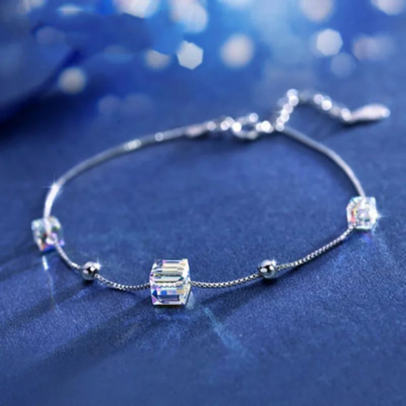 

Sweet Sugar Cube Bracelet For Women Square Cubic Zirconia Aurora Crystal White Gold Color Party Gift Fashion Jewelry KBH124