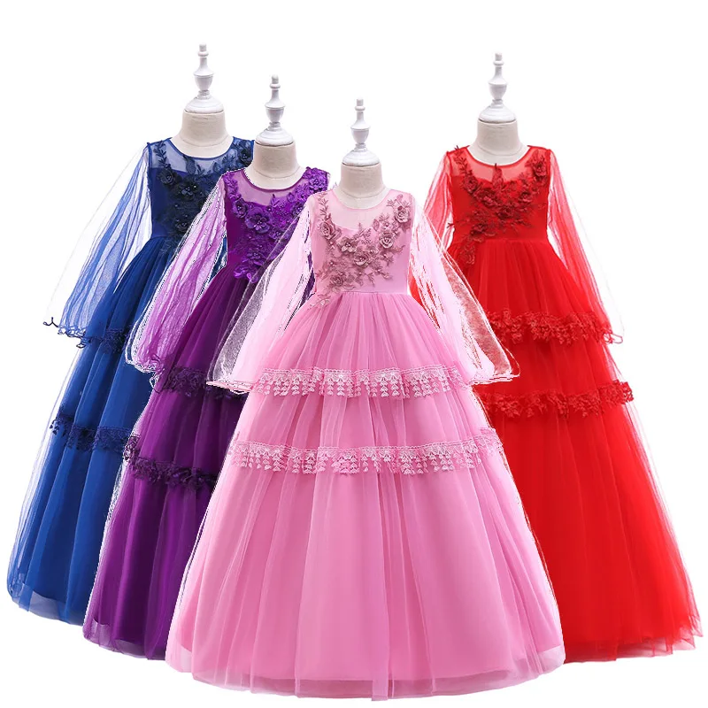 Kid Girls Elegant Wedding Pearl Petals Girl Dress Princess Party Pageant Long Sleeve Lace Tulle for 4 5 6 7 8 9 10 11 12 13 14 Y | Детская