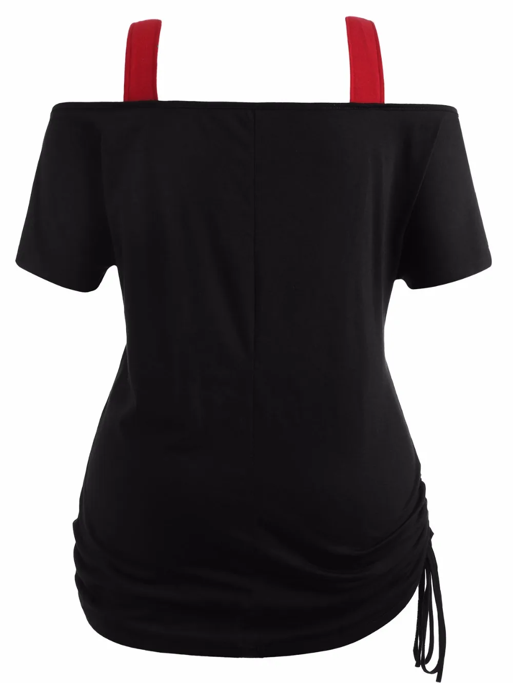 VESTLINDA Women T-Shirt Square Neck Short Sleeves Black T Shirt Plus Size Cold Shoulder Poker Cards Top Ladies Top Tee Big Size 8