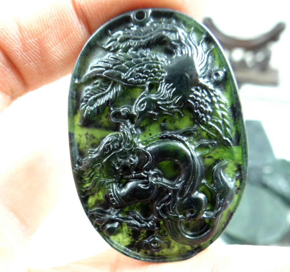 

50*33Wholesale natural Chinese black green stone hand-carved statue of Dragon and Phoenix amulet pendant necklace Jewelry Making