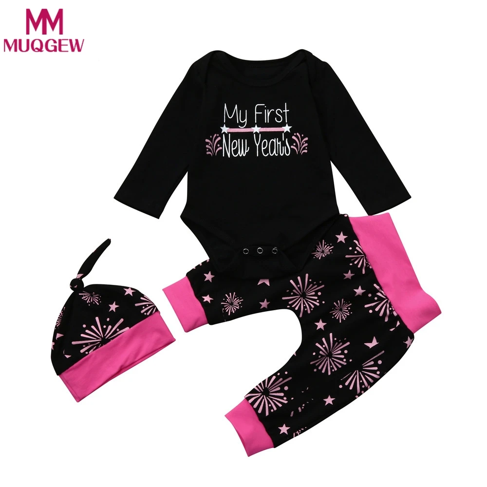 

Newborn Infant baby girl clothes newborn girl clothes Boy Letter Romper Tops+Pants Hat New Year Outfits Set babykleding meisjes