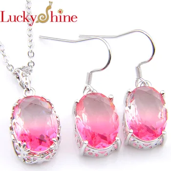 

Luckyshine Fashion Honey pink Gradient Tourmaline Crystal Pendants Drop Earrings Wedding For Women Jewelry Sets