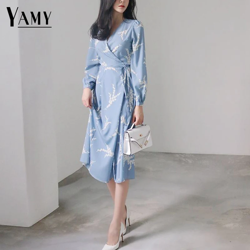 

2018 summer women elegant floral print wrap dress bow tie belt V neck long sleeve female green black blue midi dresses vestidos