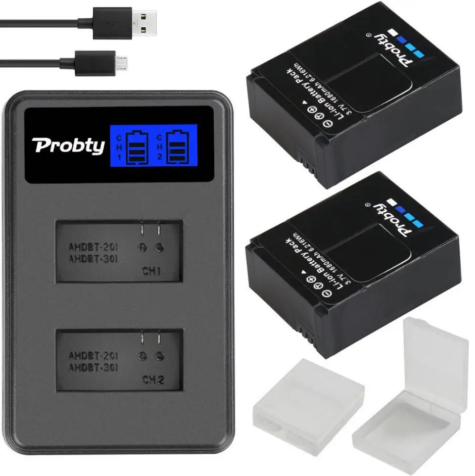 Original probty For GoPro Hero3 Hero3+ hero 3 hero 3+ battery +LCD dual charger for go pro AHDBT-301 action camera accessory remote battery Batteries