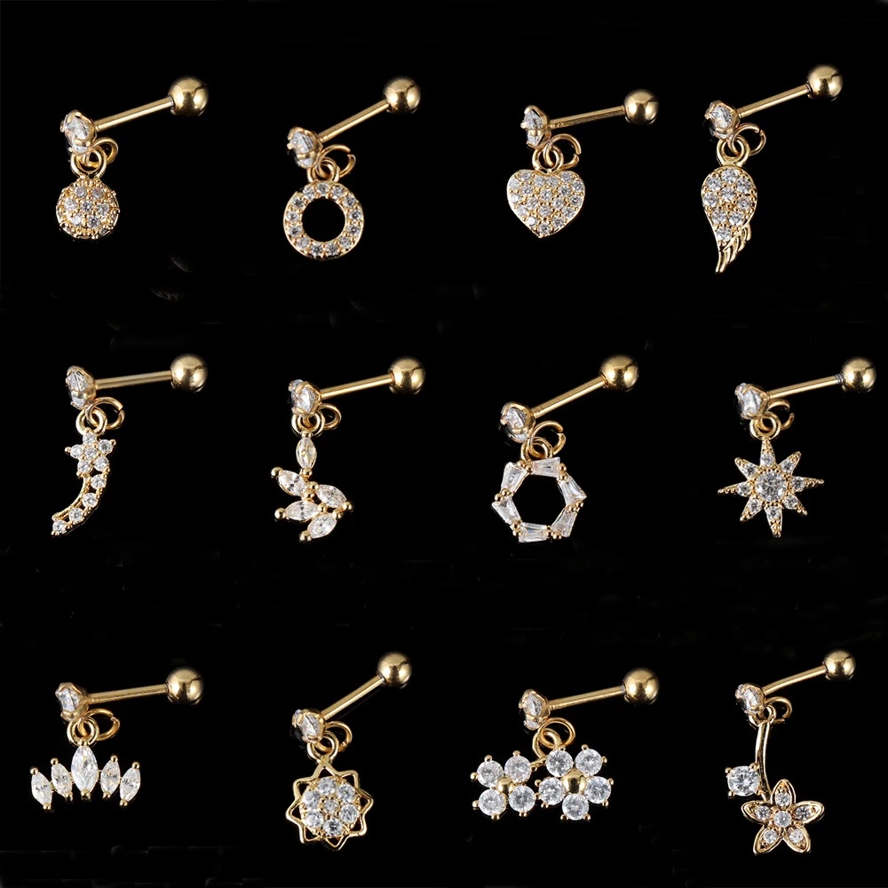 

Gold heart hexagon crystal tragus ear piercing plug stainless steel daith earrings helix cartilage studs body piercing jewelry