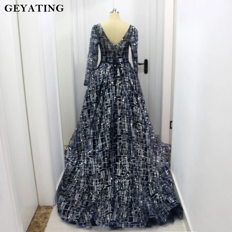 Glitter Sequins Navy Blue Muslim Evening Dress Long Sleeves Boat Neck Backless Sparkly Arabic Prom Dresses in Dubai Kaftan 2019 Glitter Sequins Navy Blue Muslim Evening Dress Long Sleeves Boat Neck Backless Sparkly Arabic Prom Dresses in Dubai Kaftan 2019