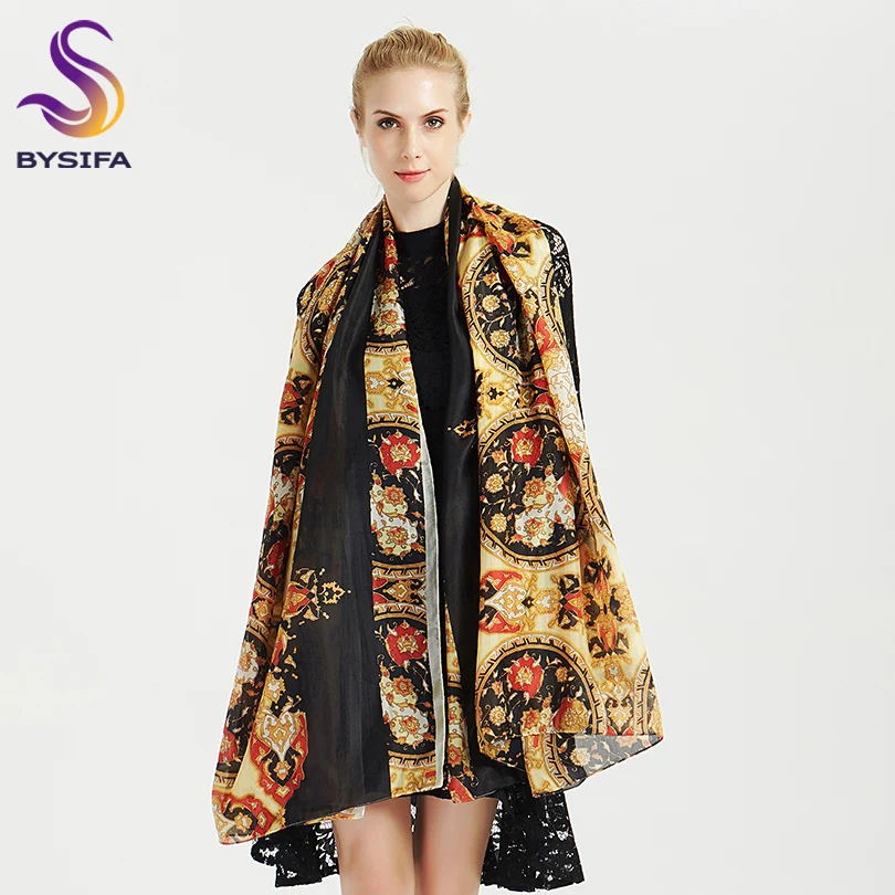[BYSIFA] зимний роскошный бренд шелковый шарф, шаль, женский модный черный золотой длинный шарф, летняя пляжная шаль 200*110 см