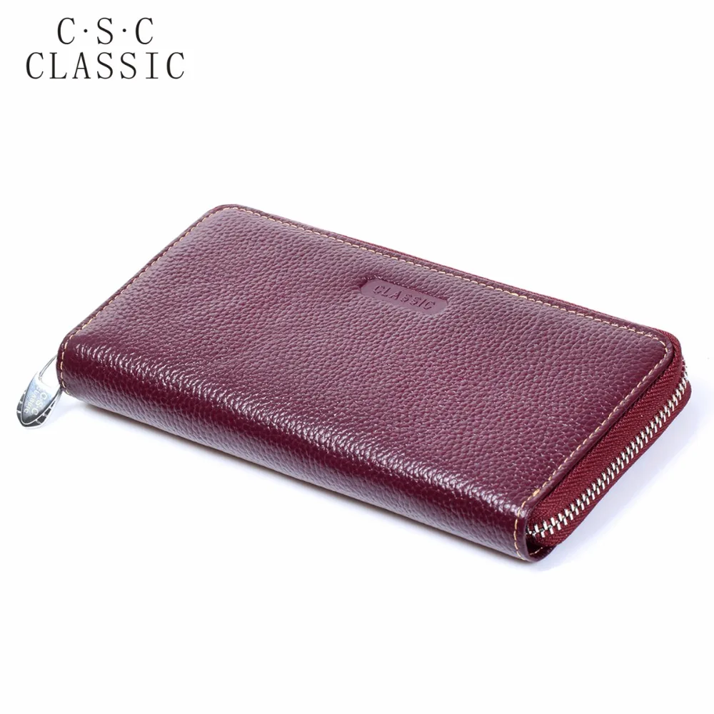 Long Wallet Womens Wine Red Real Genuine Leather Zipper Wallets Women