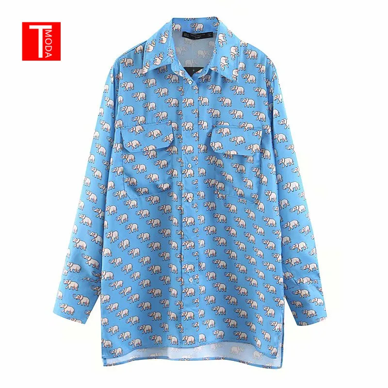 

TMODA 2019 Autumn Spring Cute Elephant Print Pocket Shirts Women's Turn-down Collar Long Sleeve Casual Blouse Feminino Blusa