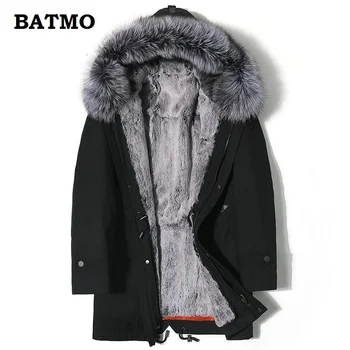 

BATMO 2018 new arrival winter high quality warm rabbit fur liner hooded jacket men,fox fur collar black winter parkas men AL79