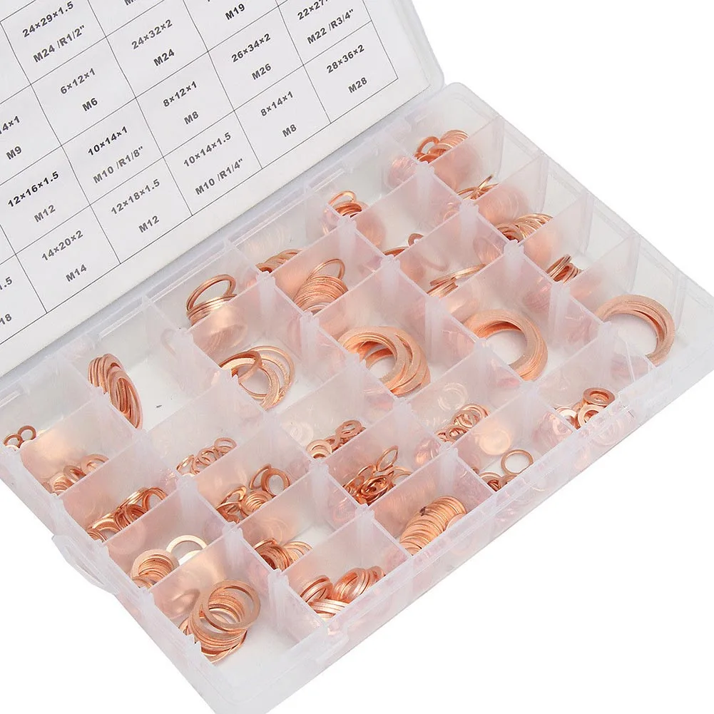 

568 Pcs/Box 30 Sizes Solid Copper Washers Gasket Set Flat Ring Sump Plug Seal Assorted Washer Kit With Plastic Box MAL999
