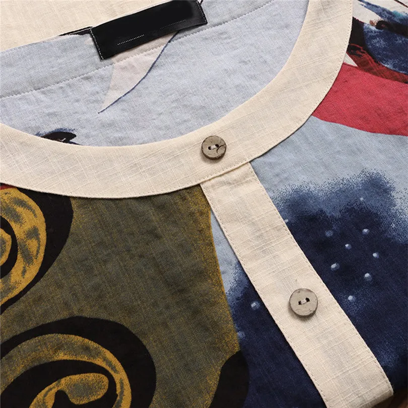New Women Fashion Summer Vintage O-Neck Art Printing Casual Daily Half Sleeve Button Cotton Top  Blouse Tops #4A25 (8)