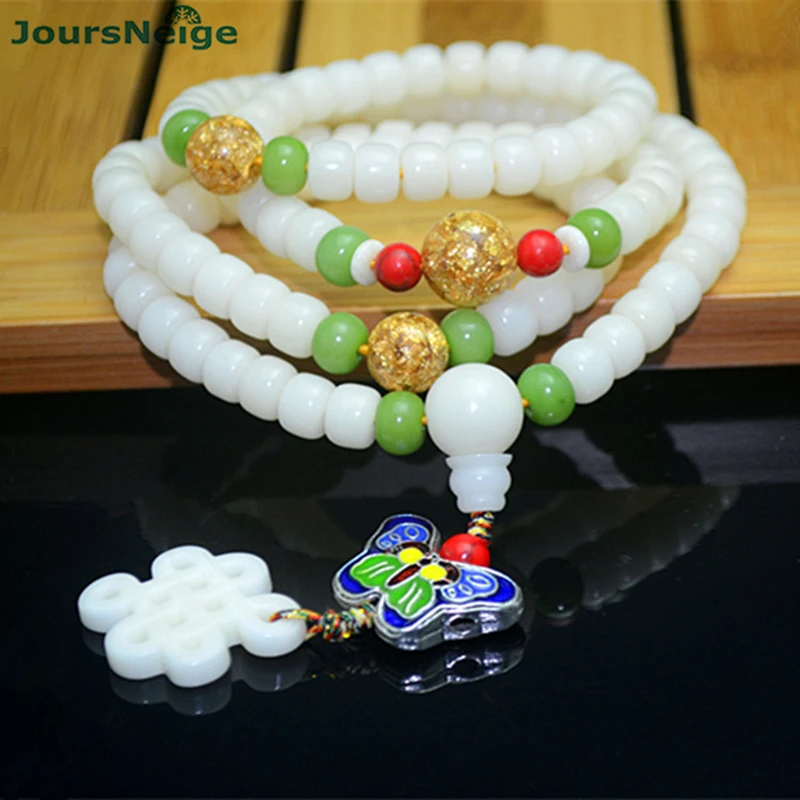 Branco Natural De Sementes Bodhi Pulseiras Borboleta e nó Chinês Colar De Pingente De Buda Oração Mala Tibetano Budismo Jóias
