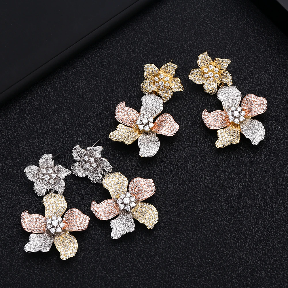 

jankellyLuxury flower Cubic Zircon Crystal CZ Long Dangle Earrings For Women African Bridal Earring aretes de mujer modernos