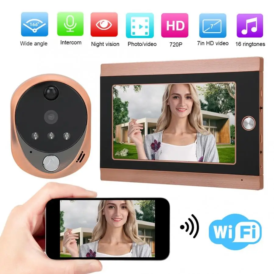 

WIFI Wireless Door Viewer Doorbell 7 Inch LCD Screen 720P HD PIR Camera 16 Chime