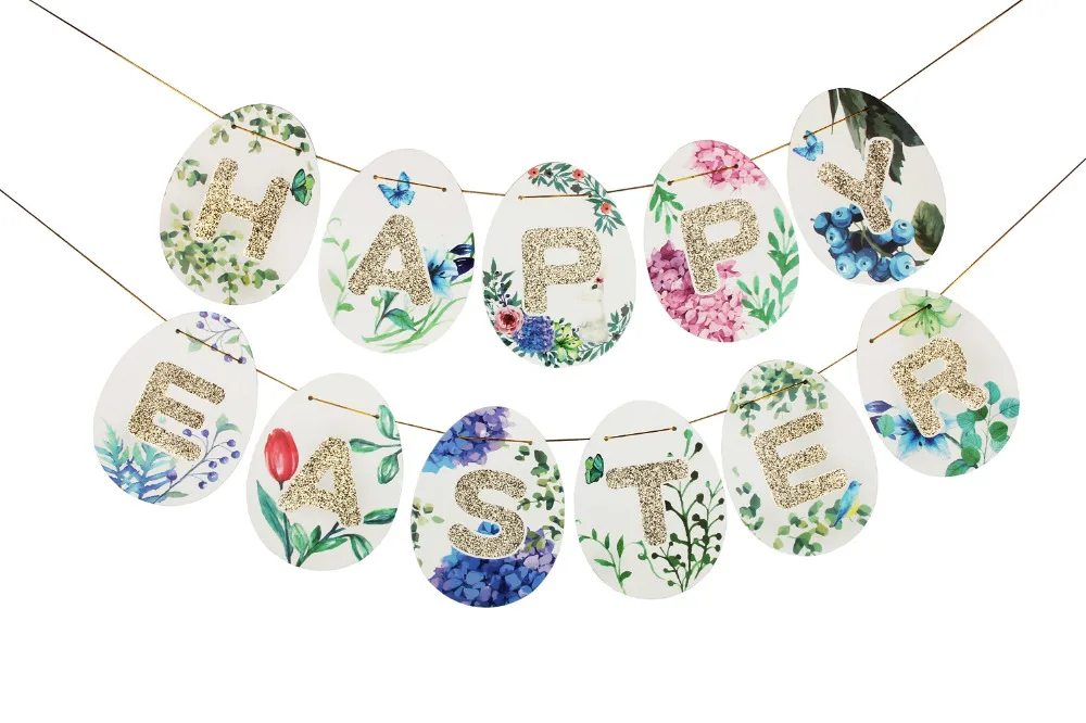 Gold Festive Glitter Fun Egg Shape Happy Easter Banner Floral Sign Bunting Decor Spring | Дом и сад