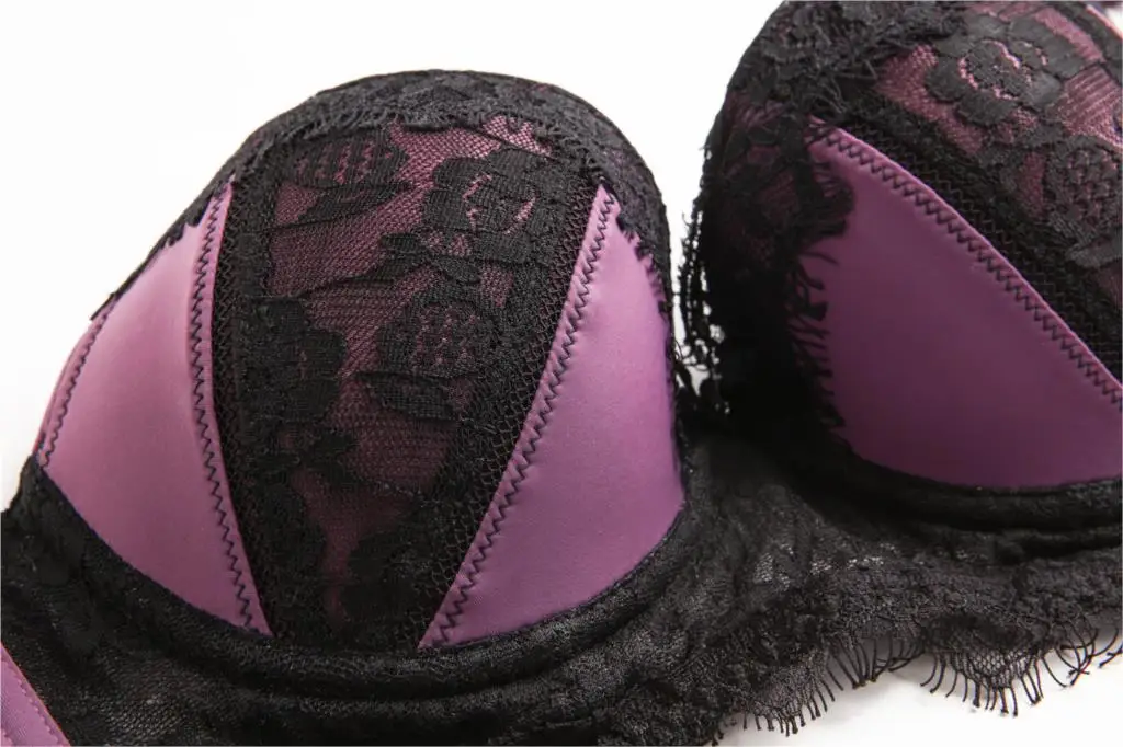 Новый Элитный бренд Sexy Eyelash Lace Push-Up Bra набор ABC чашки бюстгальтер и трусики Комплект для Для женщин белье розового и фиолетового цветов