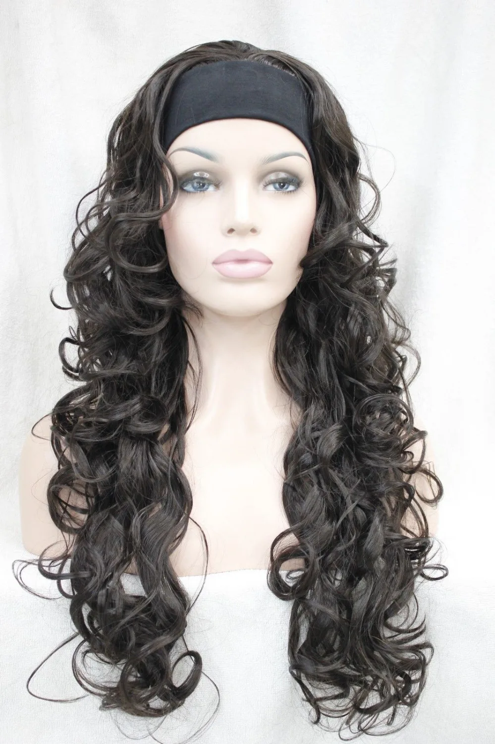 dd002787 New vogue 3/4 wig with headband dark brown curly womens long