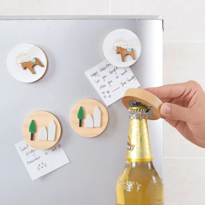 

Round Wooden Fridge Magnet Stainless Steel Beer Beverage Bottle Opener Decorative Magnetic Sticker for Home Office Gift for Kids