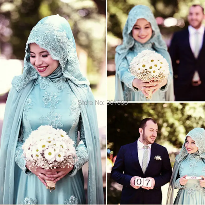 Oumeiya OWD807 A line Tulle Chiffon Beaded Lace Appliqued Aqua Green Long Sleeve font b Hijab