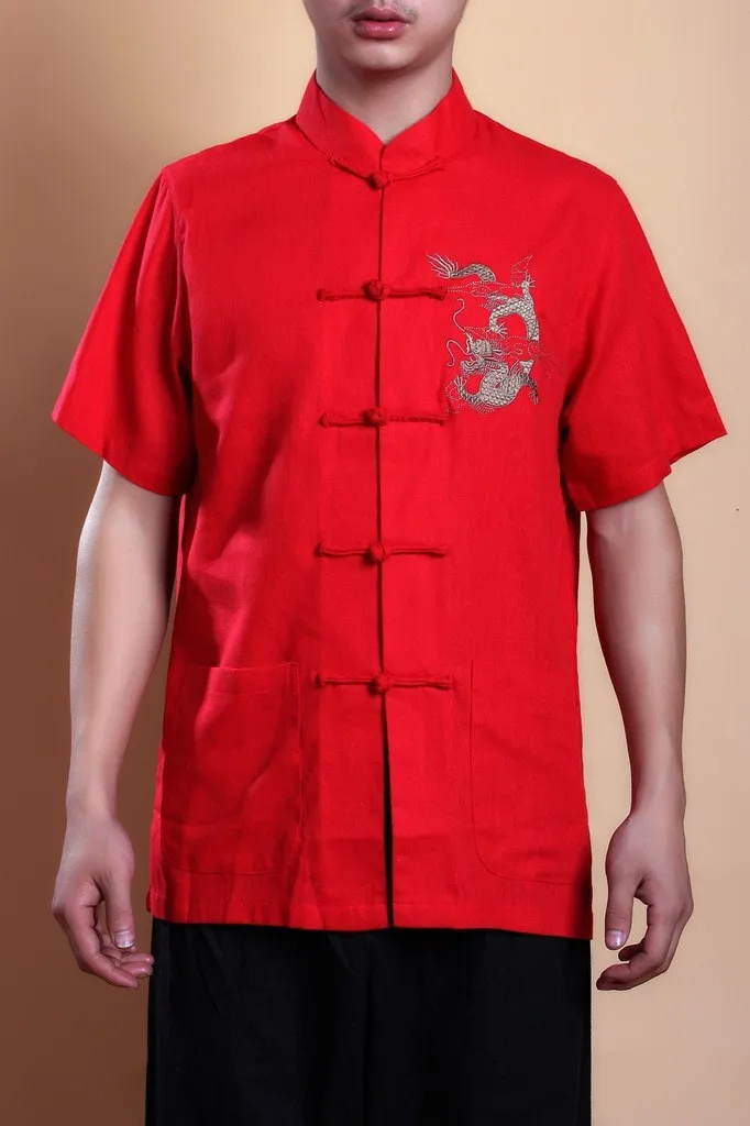 Черный китайский Для мужчин в виде крыла Chun кунг-фу рубашка Топ, футболка с короткими рукавами в стиле династии Тан костюм Винтаж вышивка Gar Для мужчин t Размеры S M L XL XXL XXXL MS022