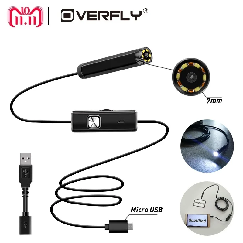 

Overfly Endoscope Camera 7MM 1M 2 in 1 Micro USB Mini Camcorders Waterproof 6 LED Borescope Inspection Camera For Android Loptop